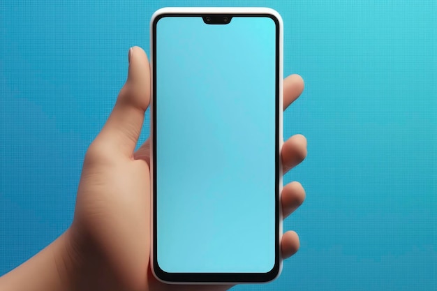 3D-Hand, die ein Mobiltelefon mit leerem Bildschirm hält Cartoon-Smartphone auf blauem Hintergrund isoliert Telefongerät Mockup Marketingzeit-Banner-Vorlage 3D-Rendering