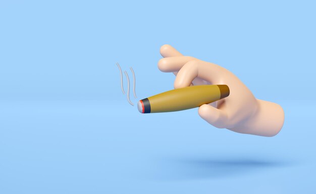 3D-Hand, die eine Zigarre hält, mit Rauchen isoliert auf blauem Hintergrund 3D-Render-Illustration