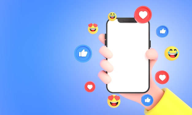 3D-Hand, die Handy mit Social-Media-Symbolen hält, gefällt und Emojis für Telefonmodell