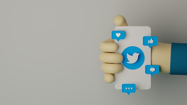 3D-Hand, die Handy mit Twitter-Logo hält, gerenderter Hintergrund für Marketingkonzept