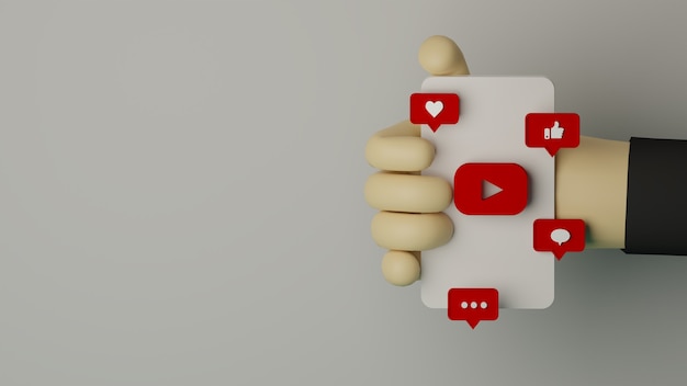 3d-hand, die handy mit youtube-logo hält, gerenderter hintergrund für marketingkonzept