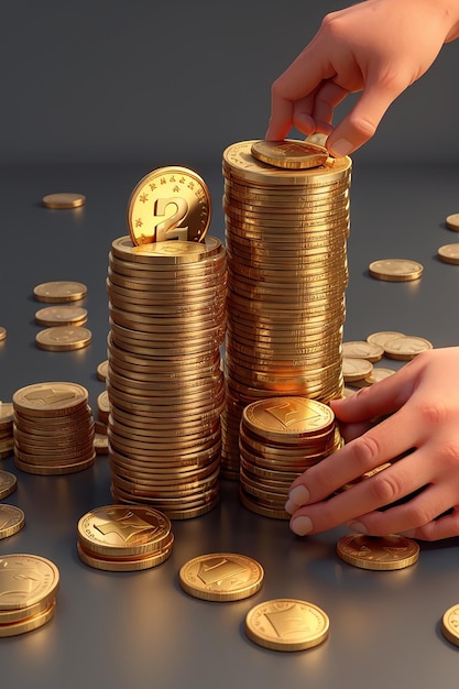 3D-Hand legt Goldmünzen auf den Geldstapel
