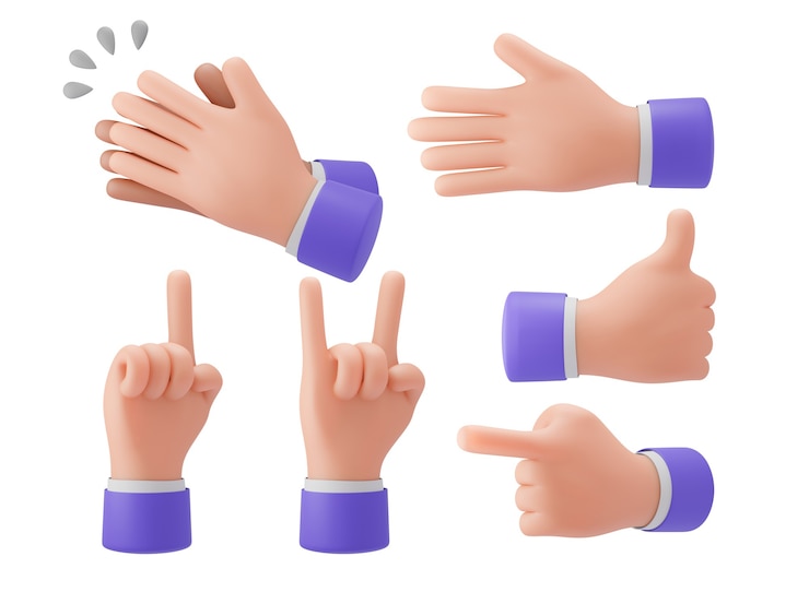 Foto 3d-handgesten, heben sie ihre hand, zeigen sie mit dem finger, cartoon-stil, beschneidungspfad für präsentationen, werbung. wiedergabe der abbildung 3d.