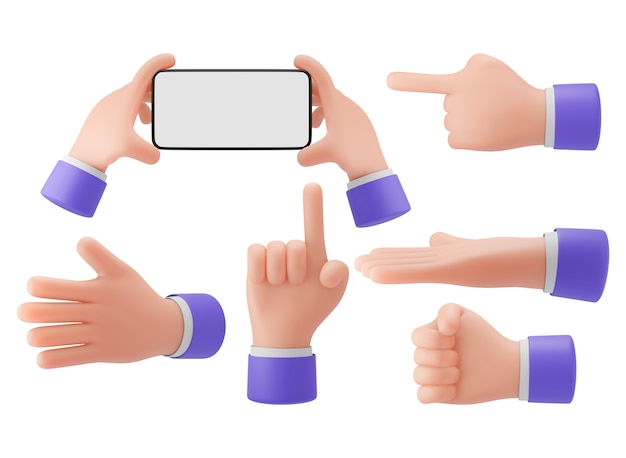 3D-Handgesten, heben Sie Ihre Hand, zeigen Sie mit dem Finger, Cartoon-Stil, Beschneidungspfad für Präsentationen, Werbung. Wiedergabe der Abbildung 3D.