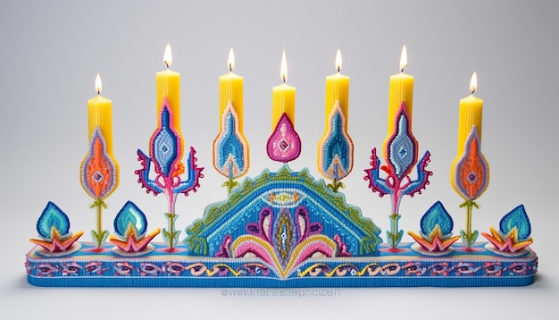 3D-Hanukkah-Menora mit bunten Stickereien