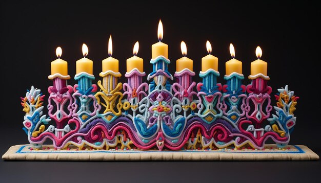 3D Hanukkah menorah bordado multicolorido