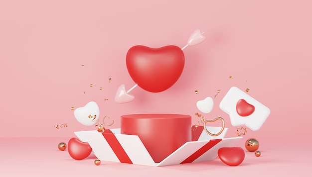 3D Happy Valentines Day Minimal escena de amor dulce con podio de exhibición para maqueta y marca de producto