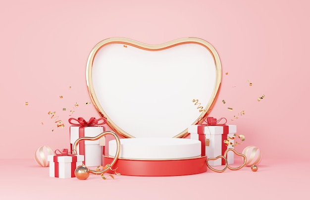 3D Happy Valentines Day Minimale süße Liebesszene mit Display-Podium für Mock-up und Produktmarke