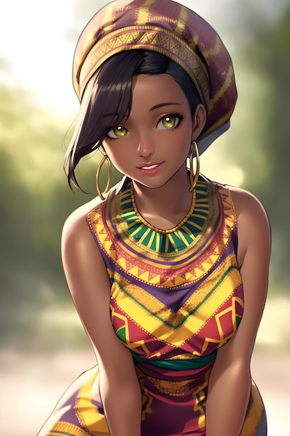 3D Hermosa mujer africana con un vestido dashiki y una envoltura para la cabeza en una ilustración de pintura digital de estilo anime