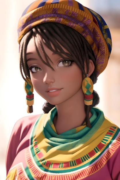 3D Hermosa mujer africana con un vestido dashiki y una envoltura para la cabeza en una ilustración de pintura digital de estilo anime