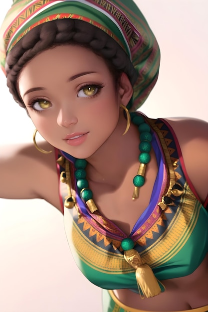 3D Hermosa mujer africana con un vestido dashiki y una envoltura para la cabeza en una ilustración de pintura digital de estilo anime