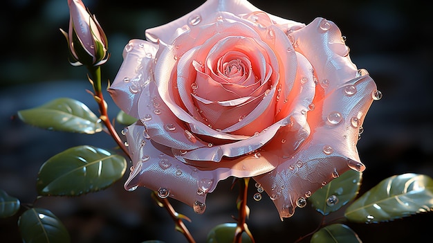 3d hermosa rosa gotas de agua generativa ai