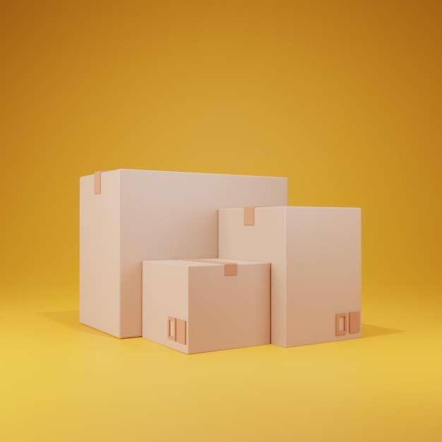 3d hermoso paquete de caja de cartón sobre fondo amarillo embalaje 3d render