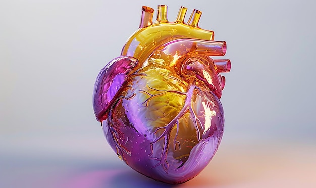 3D-Herz futuristisches lila und gelbes Glas menschliches Herz