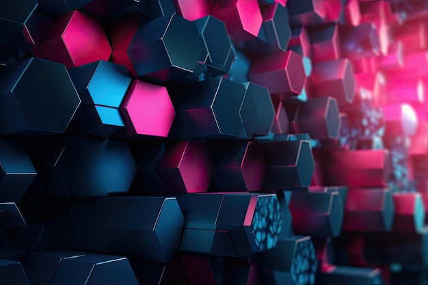 3D-Hintergrund aus Sechsecken mit blauen und rosa geometrischen Formen Generative KI