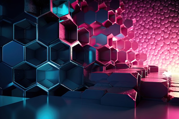 3D-Hintergrund aus Sechsecken mit blauen und rosa geometrischen Formen Generative KI