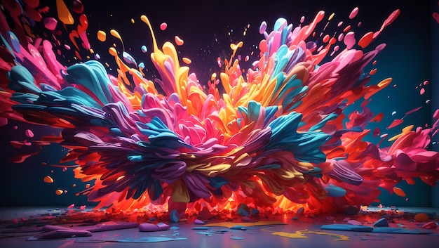 3D-Hintergrund, gefüllt mit energischen Ausbrüchen fluoreszierender Farben, die aus der Leinwand zu springen scheinen