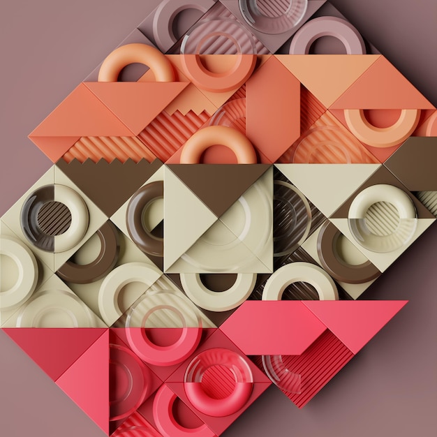 3D-Hintergrund mit farbenfrohen geometrischen Formen 3D-Darstellung einer realistischen Komposition von Primitiven Abstraktes Thema für trendige Designs