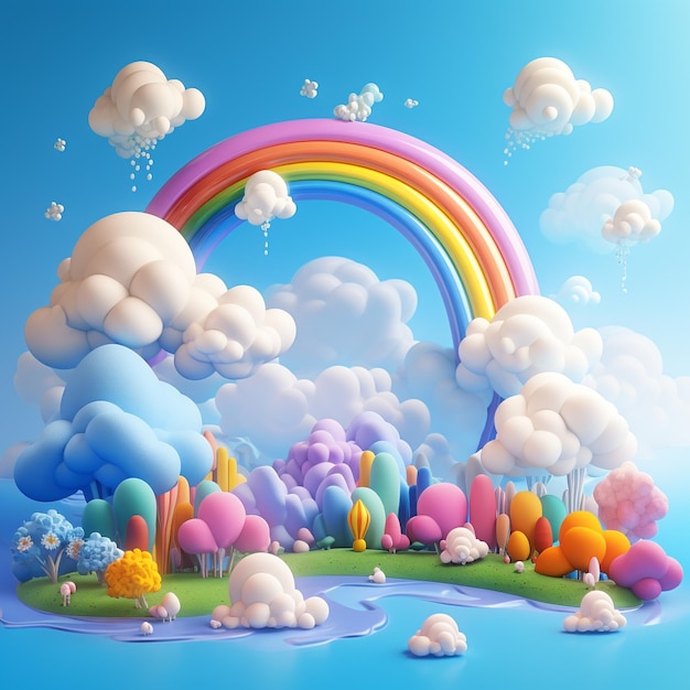 3D-Hintergrund mit Regenbogen und Wolken in Blau im Stil von Sketchfab süß und farbenfroh