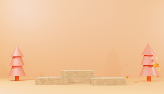 3D-Hintergrund-Rendering-Holz-Champion-Podium, umgeben von Bäumen für Webseiten-Herbstthemen