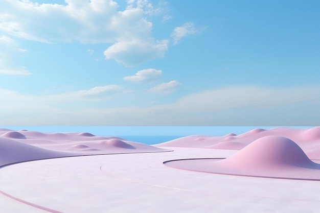 3D-Hintergrund Rosa Landschaft Futuristische Straße inmitten chromatischer Wellen und realistischer blauer Himmel