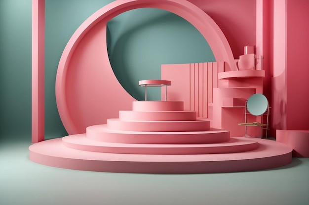 3D-Hintergrundprodukte zeigen Podiumsszene mit geometrischem Plattformhintergrund an. 3D-Rendering mit Podiumsbühnenvitrine auf Podestdisplay, rosafarbenes Studio