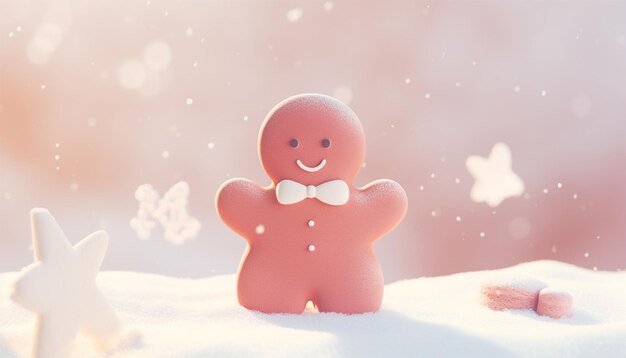 3D Holiday Gingerbread Man Cookie na Neve Render Cookie na Paisagem de Inverno Feliz Ano Novo