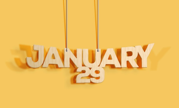 3D Holz dekorativer Schriftzug hängender Formkalender für den 29. Januar auf gelbem Hintergrund