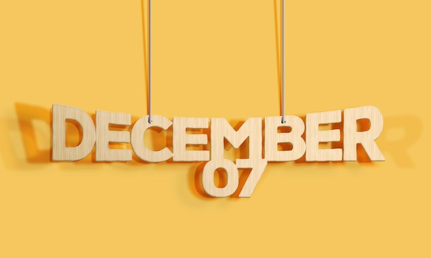 3D Holz dekorativer Schriftzug hängender Formkalender für den 7. Dezember auf gelbem Hintergrund