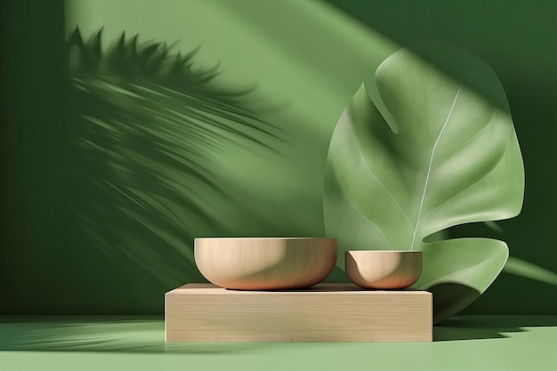 3D-Holzpodium mit Blattschatten auf grünem Hintergrund für Kosmetik- oder Schönheitsproduktwerbung Naturstein-Stufensockel mit Kopierbereich Trendiges minimalistisches Banner 3D-Rendering-Illustration