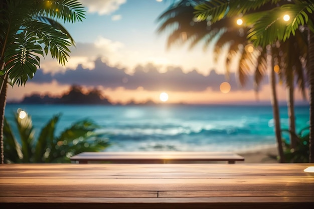 3D-Holztisch mit Blick auf eine tropische Landschaft mit Bokeh-Leuchten