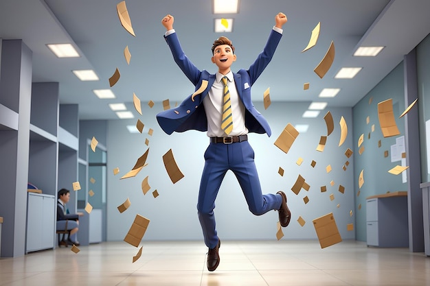 3d hombre celebrando una victoria empresario ganador feliz oficinista saltando de alegría sí gesto 3d ilustración 3d render