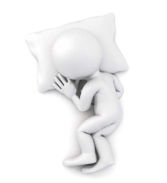 3D Hombre dormido con almohada blanca. Ilustración 3D. Aislado. Contiene trazado de recorte