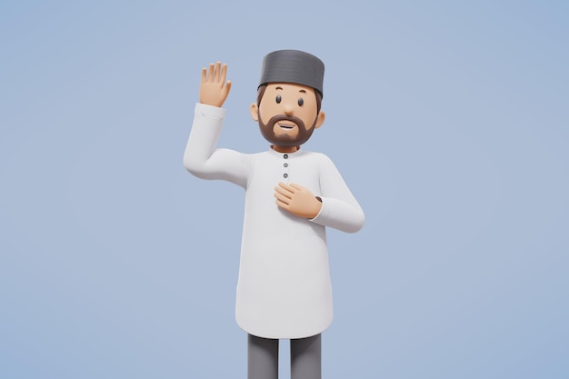 Foto 3d hombre musulmán saludo saludo señalando y sosteniendo el teléfono mientras sonríe representación de ilustración 3d