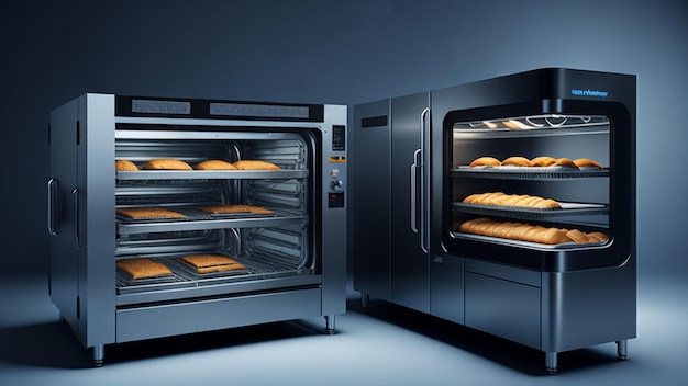 3D de un horno de panadería con pan en una habitación oscura