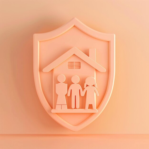 Foto 3d-icon of family protection shield ein schild mit einer einfachen haus- und familiensilhouette auf einem pastellfarbenen pfirsich-hintergrund ai generative