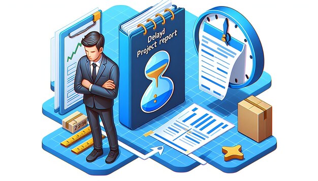 3d icono plano como gerente de proyecto con concepto de informe de proyecto retrasado como perfil de gerentes de proyecto bl