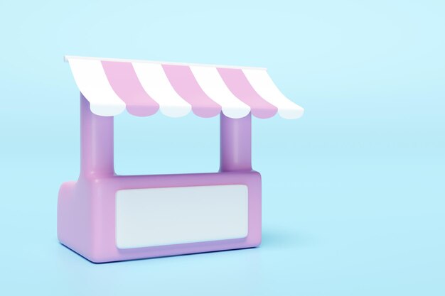 3d icono de tienda de cabina blanca rosa o frente de tienda vacía con toldo rayado aislado en fondo azul concepto de negocio de franquicia de inicio 3d renderizado ilustración trazado de recorte