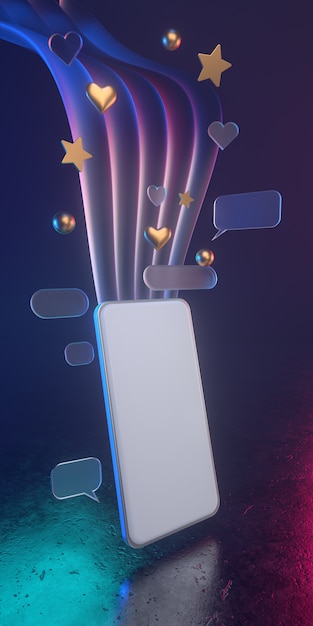 Foto 3d iconos holográficos de teléfonos inteligentes con luz tenue - ilustración 3d del uso de redes sociales en teléfonos inteligentes. todos viven en una atmósfera futurista. render 3d