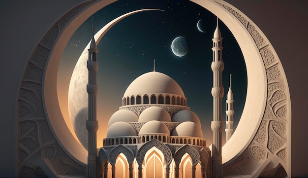 3D-Illudtration erstaunlicher Architekturgestaltung des Ramadan-Konzepts der muslimischen Moschee Illustration erstaunlicher Architekturgestaltung des Ramadan-Konzepts der muslimischen Moschee Generate Ai