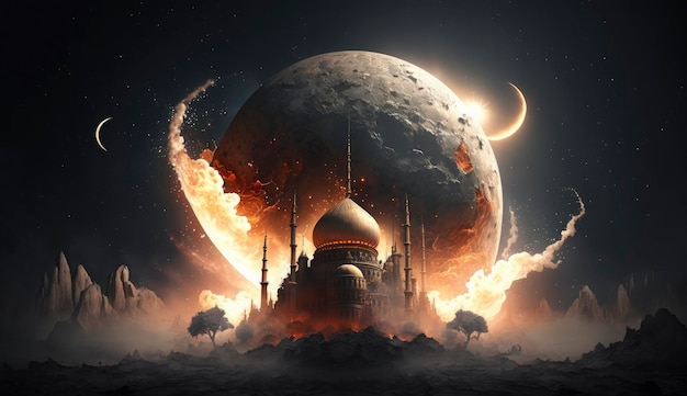 3D-Illudtration erstaunlicher Architekturgestaltung des Ramadan-Konzepts der muslimischen Moschee Illustration erstaunlicher Architekturgestaltung des Ramadan-Konzepts der muslimischen Moschee Generate Ai