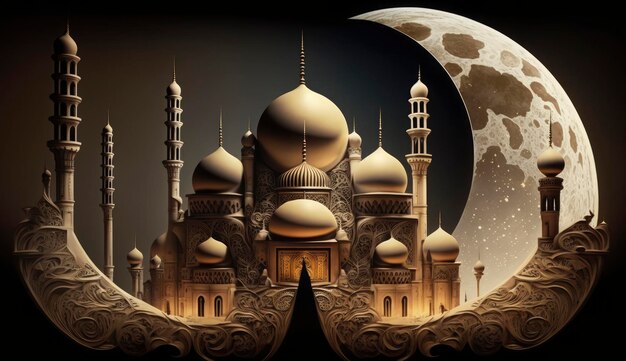 3D-Illudtration erstaunlicher Architekturgestaltung des Ramadan-Konzepts der muslimischen Moschee Illustration erstaunlicher Architekturgestaltung des Ramadan-Konzepts der muslimischen Moschee Generate Ai
