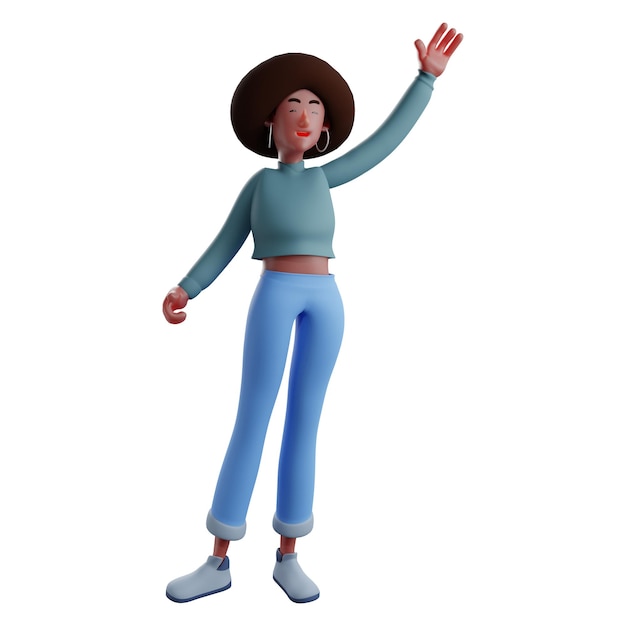 3D-Illustration 3D-Cartoon-Afro-Mädchen-Figur, die winkt und ein freundliches Lächeln zeigt, hat niedliche Krause