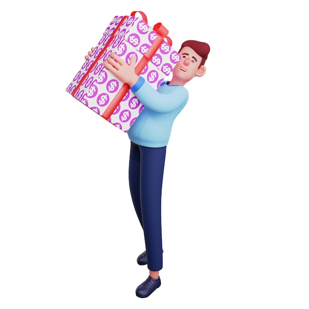 3D-Illustration 3D-Cartoon-Arbeiter mit einem großen Geschenk und einem niedlichen Gesichtsausdruck