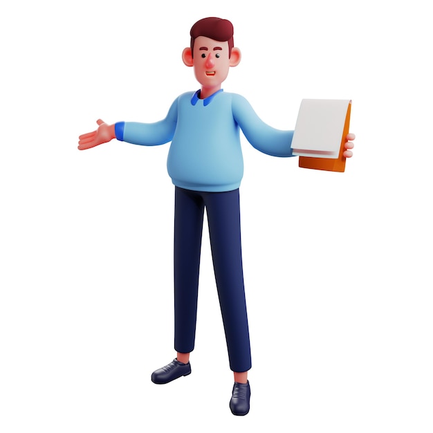 3D-Illustration 3D-Cartoon-Bild eines Arbeiters, der ein Notizbuch mit beiden Armen offen hat und ein zeigt