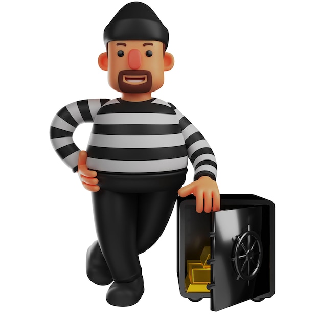 3D-Illustration 3D-Cartoon-Design Dieb fühlt sich glücklich, neben dem Safe mit den Händen zu stehen