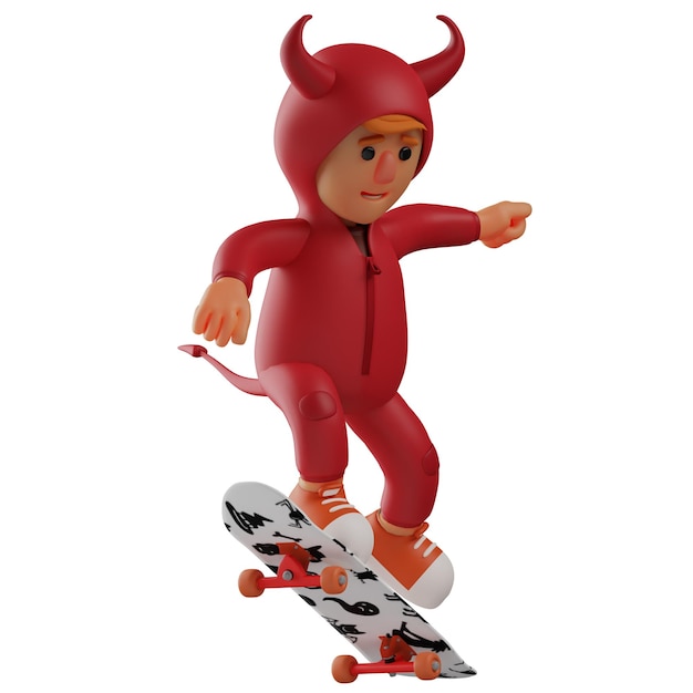 3D-Illustration 3D-Charakter des roten Teufels, der ein Skateboard spielt und lächelnd eine Pose im Steppsprung darstellt