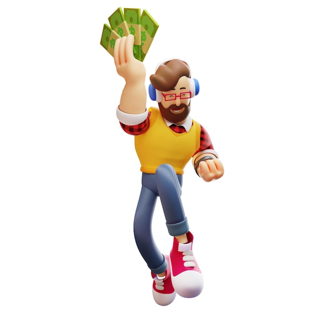 3D-Illustration 3D-Charakter eines Mannes, der viel Geld hält und Geld in seinen Händen hält und glücklich zeigt