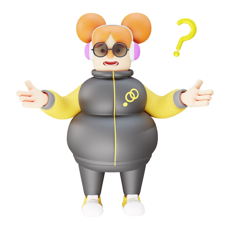 Foto 3d-illustration 3d-cute girl cartoon design gefühl der verwirrung mit beiden ausgestreckten armen hat ein s