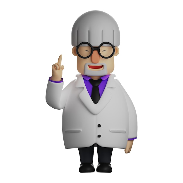 3D-Illustration 3D-Professor-Charakter-Cartoon hat einen Zeigefinger mit einer niedlichen Frisur